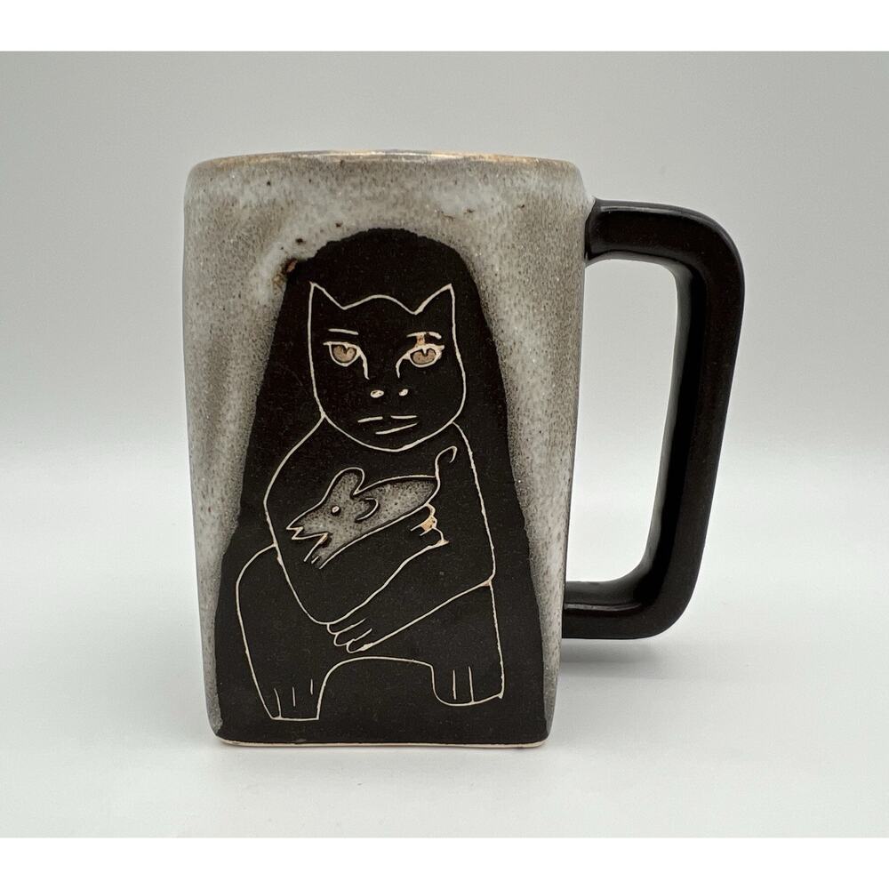 Design by Mara Stoneware Cat Themed 12oz Coffee Mug with Bird & Mouse Mexico